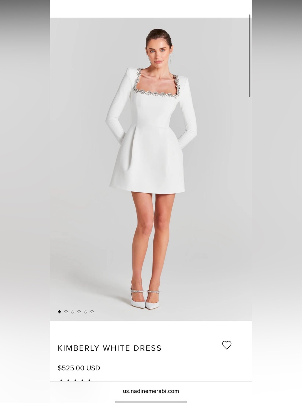 NADINE MERABI White Square-Neck Long Sleeve Mini Dress w Crystal Trim WORN ONCE